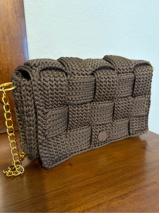 Handmade Handbags - Handmade Woven Crochet Crossbody Bag - Brown and Golden Chain
